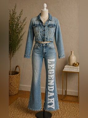 American Bazi Light Blue Flare Jeans with White 'LEGENDARY' Side Print